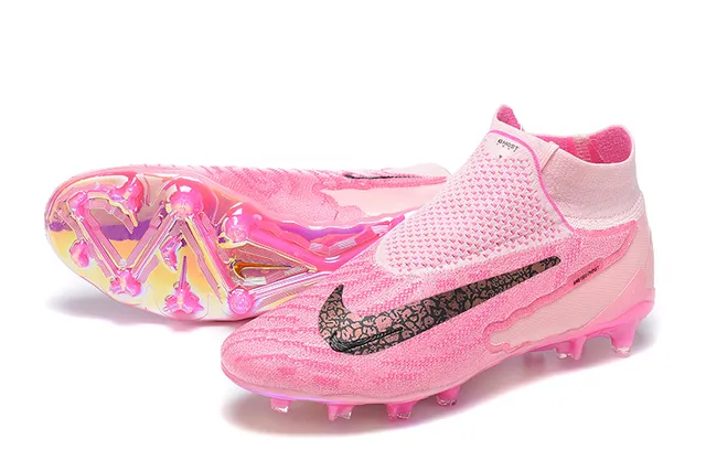 Nike Zapatillas de fútbol con cuello de calcetín rosa púrpura, suela iridiscente translúcida para terreno firme 7