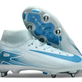 Nike Sapatos de Futebol Branco Azul Alto Corte Knit Upper Air Zoom Amortecimento Solo Firme