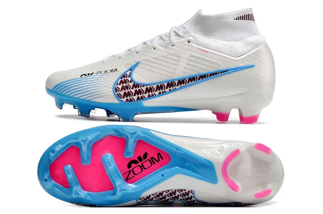 Nike blanco azul alto corte ajuste calcetín sintético texturizado superior suelo firme zapatos de fútbol 2
