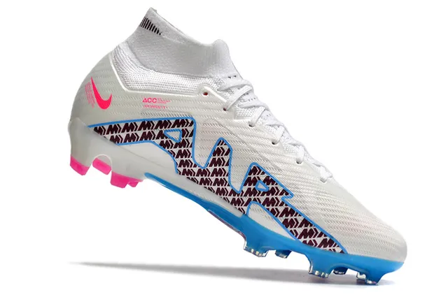 Nike blanco azul alto corte ajuste calcetín sintético texturizado superior suelo firme zapatos de fútbol 3