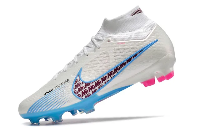Nike blanco azul alto corte ajuste calcetín sintético texturizado superior suelo firme zapatos de fútbol 4