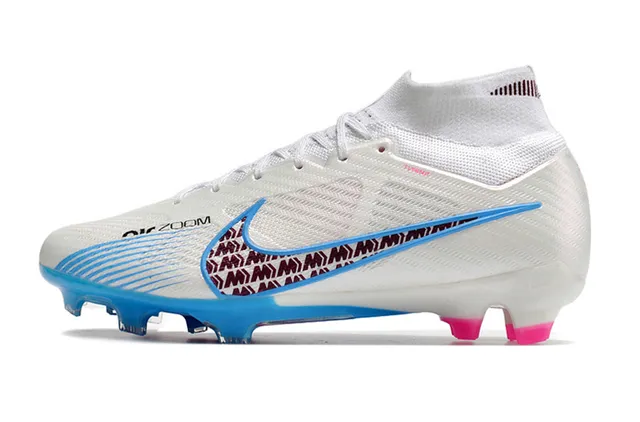 Nike blanco azul alto corte ajuste calcetín sintético texturizado superior suelo firme zapatos de fútbol 5