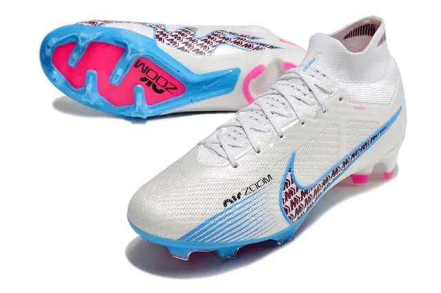 Nike blanco azul alto corte ajuste calcetín sintético texturizado superior suelo firme zapatos de fútbol 6
