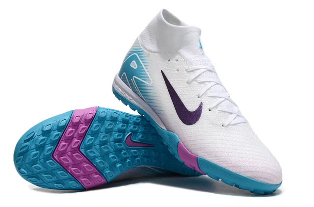 Nike Sapatos de futebol turf branco e azul com upper de knit, gola alta 3