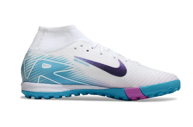 Nike Sapatos de futebol turf branco e azul com upper de knit, gola alta 7