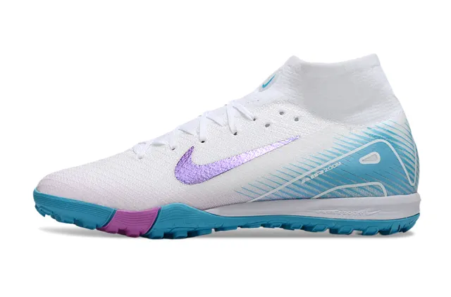 Nike Sapatos de futebol turf branco e azul com upper de knit, gola alta 8