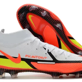 Nike White Orange High-Cut Sock-Fit Collar Engineered Mesh Upper Firm-Ground Soccer Shoes