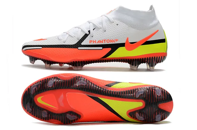 Nike أحذية كرة القدم أرض ثابتة أبيض وبرتقالي عالي القطع كولار مريح للجوارب طبقة علوية شبكية هندسية 2