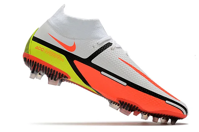 Nike أحذية كرة القدم أرض ثابتة أبيض وبرتقالي عالي القطع كولار مريح للجوارب طبقة علوية شبكية هندسية 3