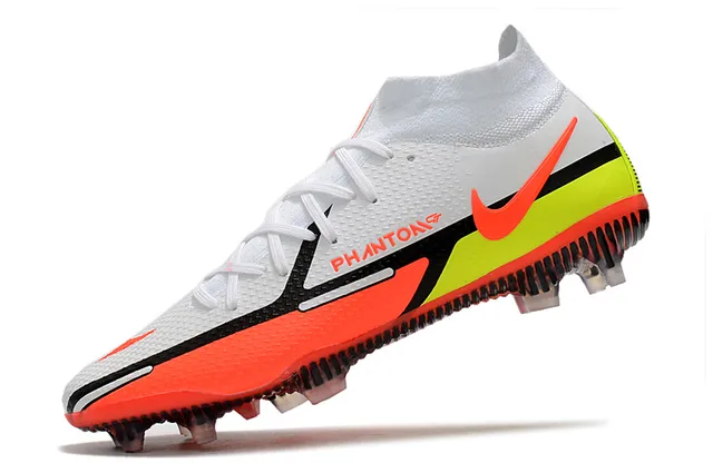 Nike أحذية كرة القدم أرض ثابتة أبيض وبرتقالي عالي القطع كولار مريح للجوارب طبقة علوية شبكية هندسية 4