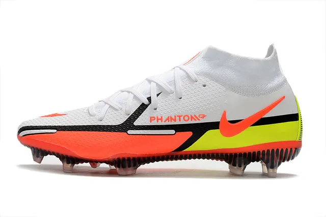 Nike أحذية كرة القدم أرض ثابتة أبيض وبرتقالي عالي القطع كولار مريح للجوارب طبقة علوية شبكية هندسية 5
