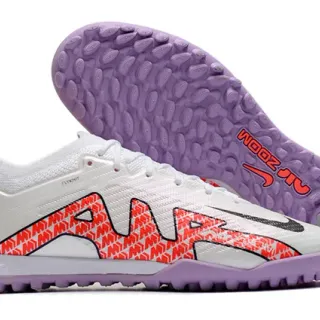 Nike Tênis de futebol Turf com upper Flyknit branco e roxo, overlay geométrico laranja
