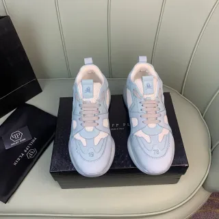 Philipp Plein Embellished Light Blue Leather-Mesh Sneakers
