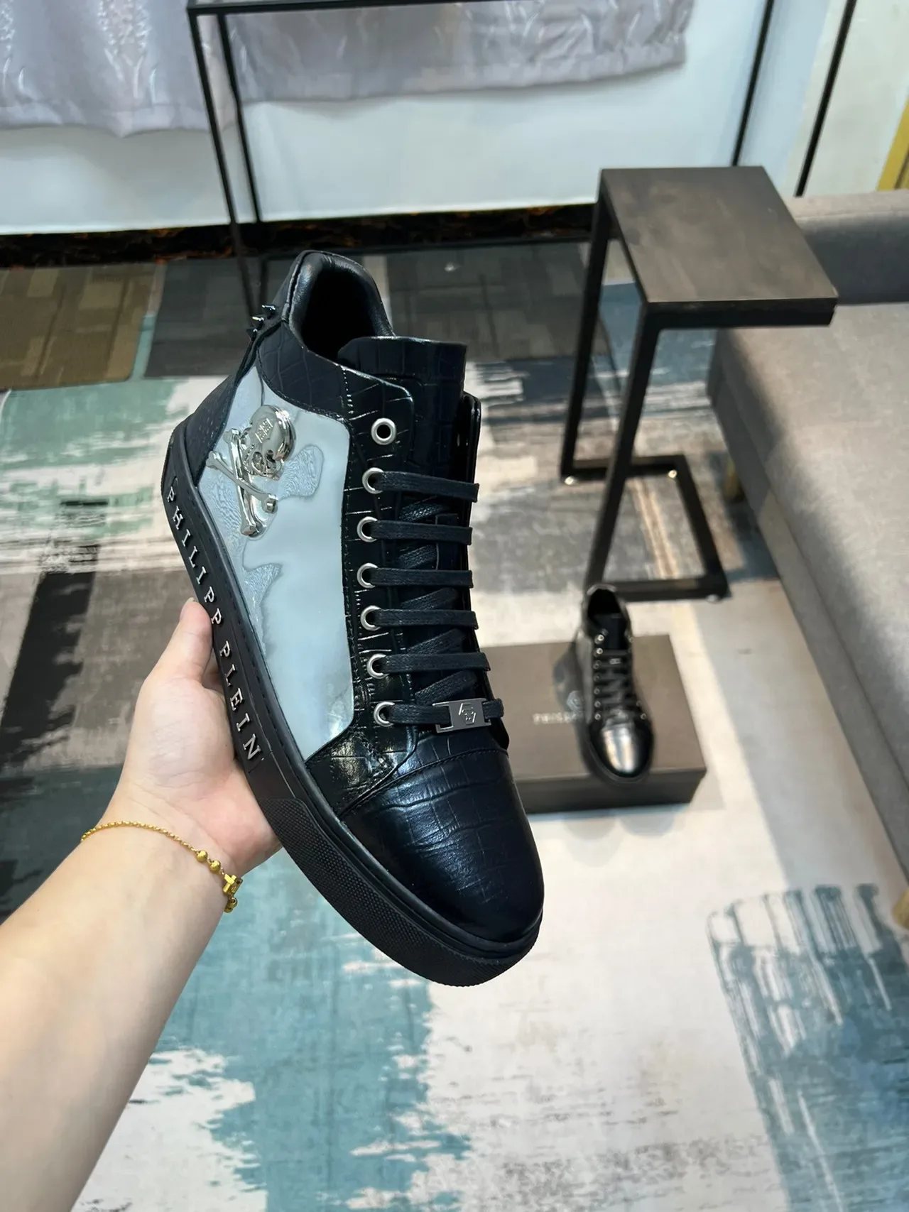 Philipp Plein High-Top Sneaker Black Silver Crocodile-Embossed Leather Lifestyle Sneakers 6