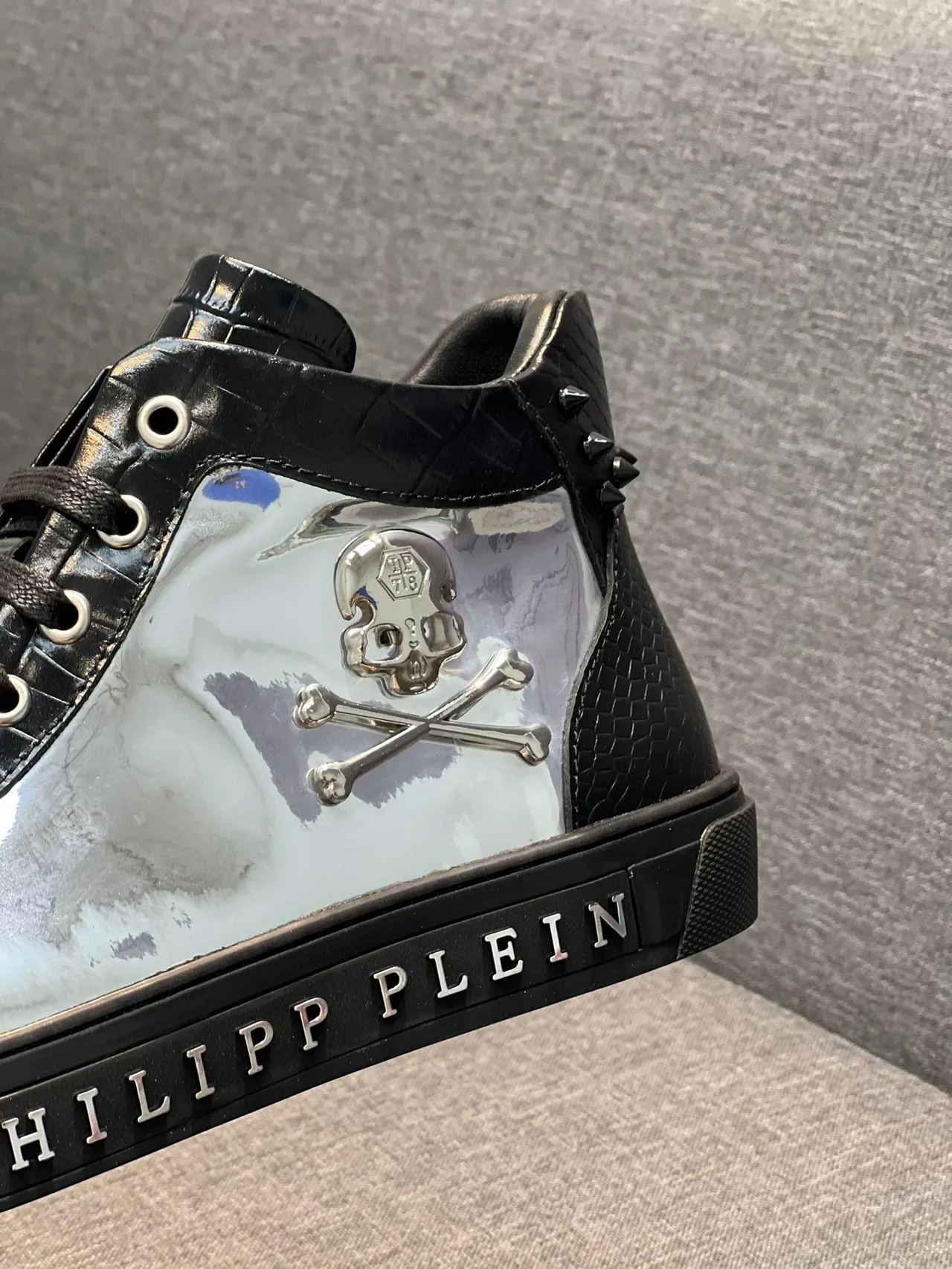 Philipp Plein High-Top Sneaker Black Silver Crocodile-Embossed Leather Lifestyle Sneakers 7