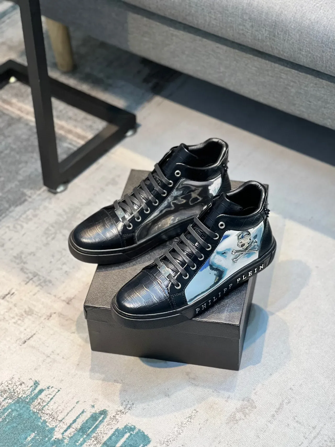 Philipp Plein High-Top Sneaker Black Silver Crocodile-Embossed Leather Lifestyle Sneakers 8
