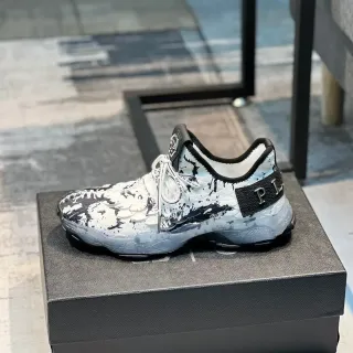 Philipp Plein White Black Splatter-Print Mesh Upper Sculpted Translucent Midsole Chunky Sneakers