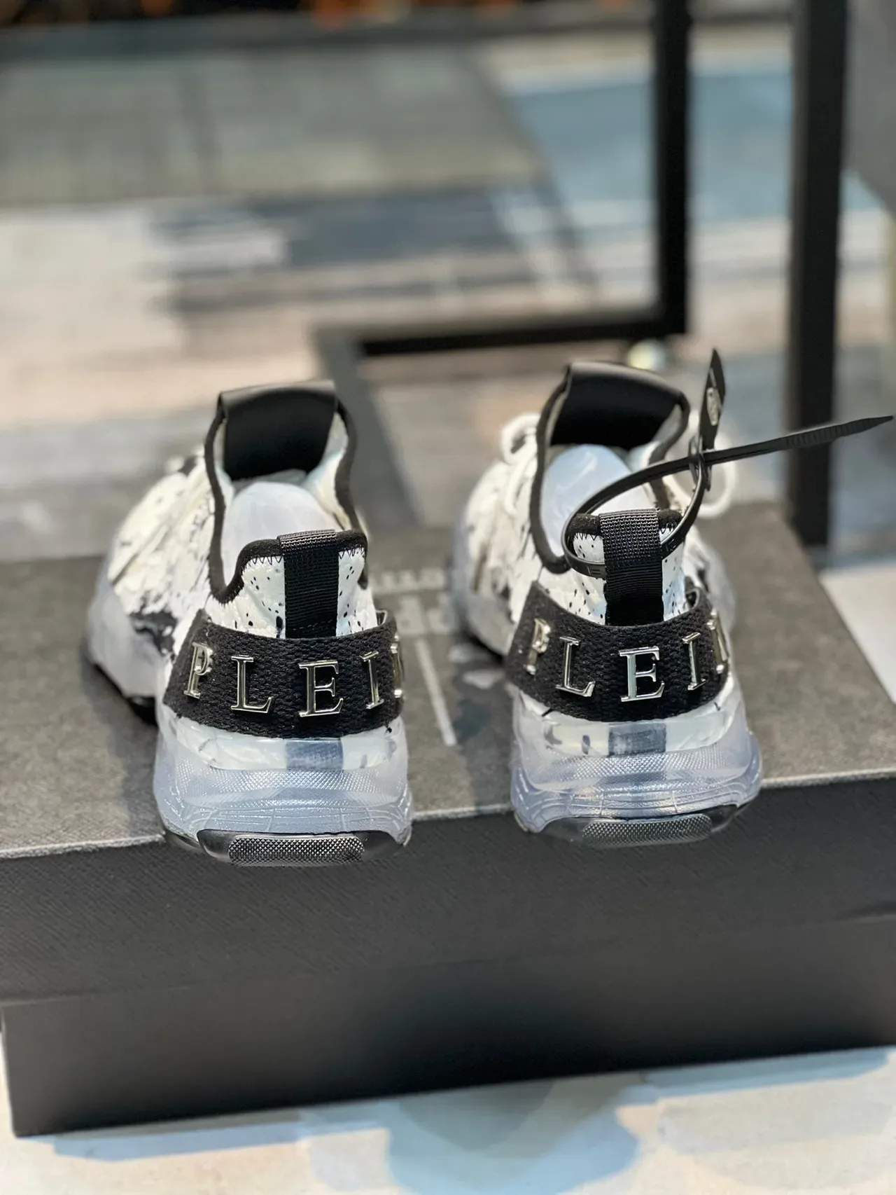 Philipp Plein White Black Splatter-Print Mesh Upper Sculpted Translucent Midsole Chunky Sneakers 2