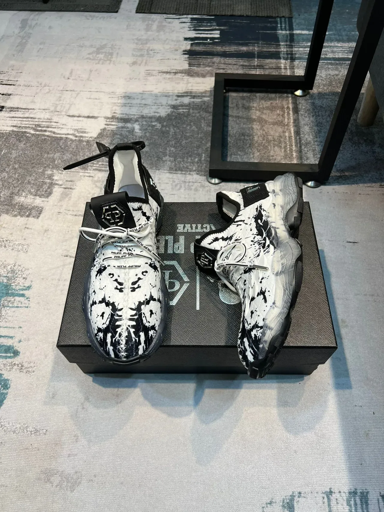 Philipp Plein White Black Splatter-Print Mesh Upper Sculpted Translucent Midsole Chunky Sneakers 3