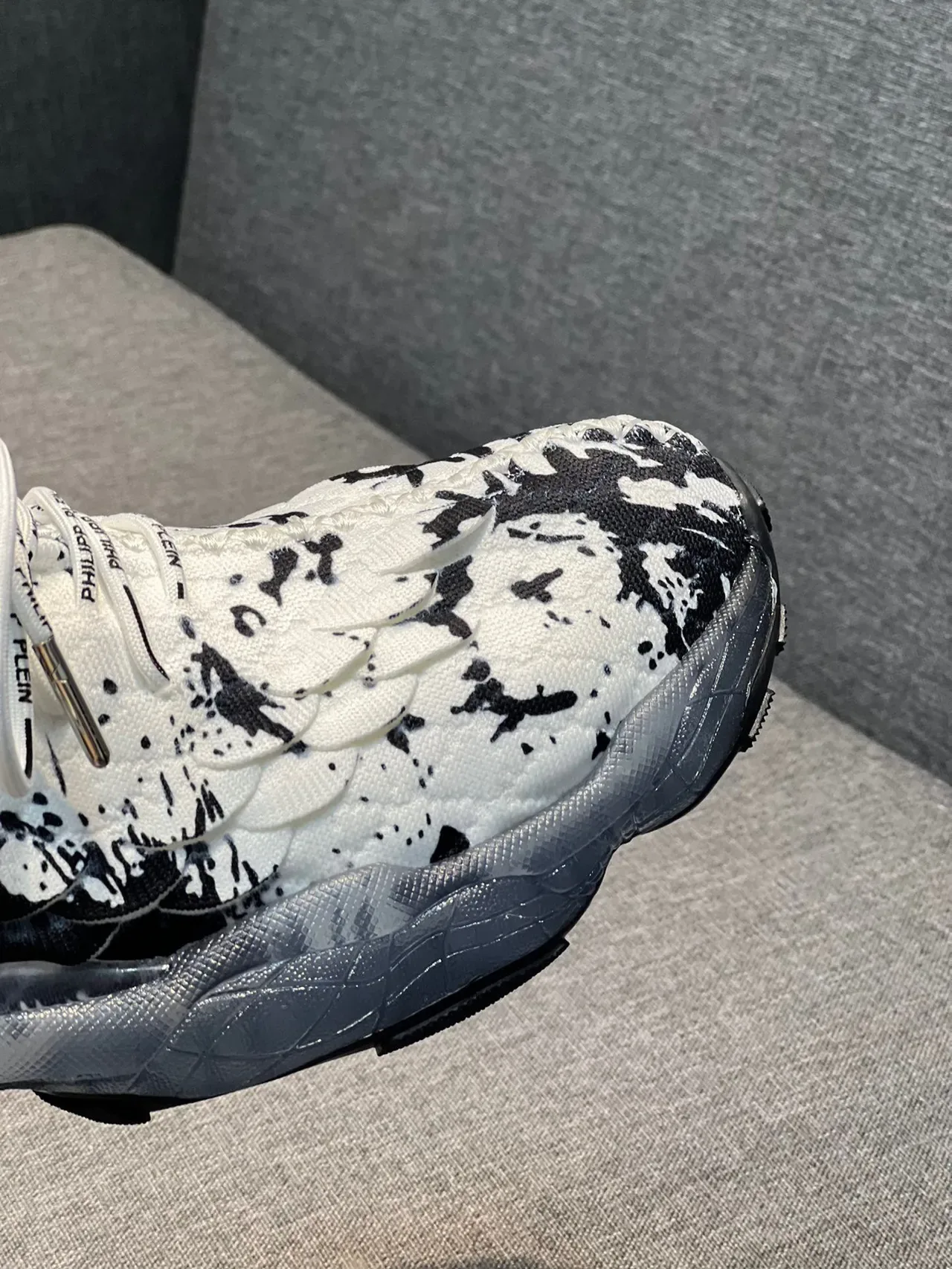 Philipp Plein White Black Splatter-Print Mesh Upper Sculpted Translucent Midsole Chunky Sneakers 4