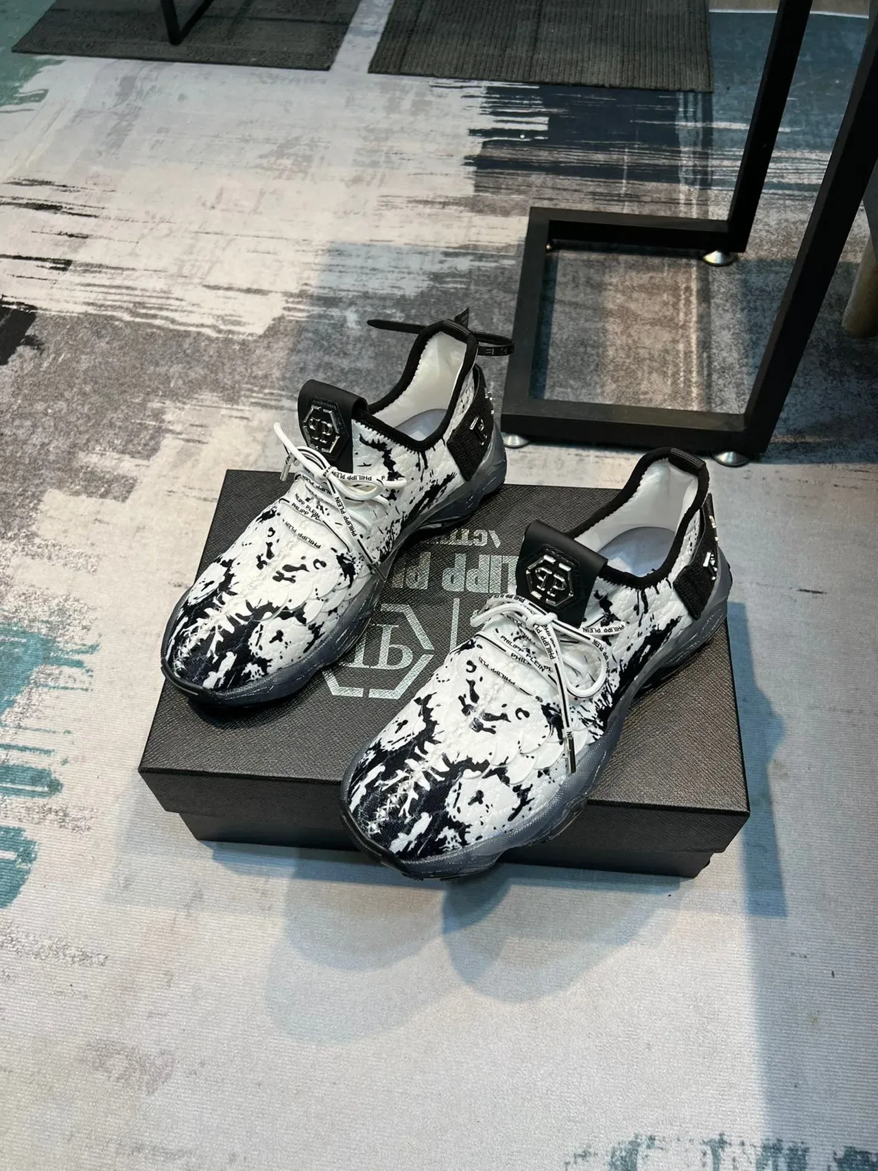 Philipp Plein White Black Splatter-Print Mesh Upper Sculpted Translucent Midsole Chunky Sneakers 5