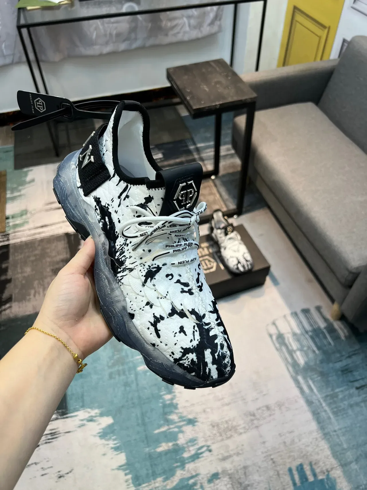 Philipp Plein White Black Splatter-Print Mesh Upper Sculpted Translucent Midsole Chunky Sneakers 6