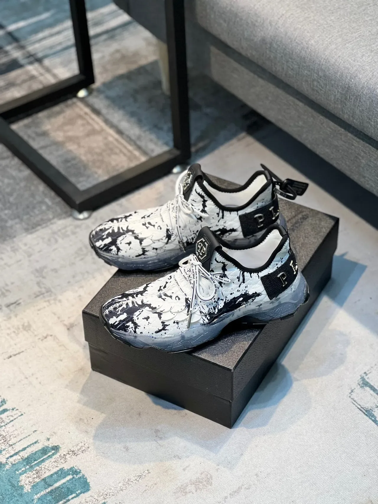 Philipp Plein White Black Splatter-Print Mesh Upper Sculpted Translucent Midsole Chunky Sneakers 7