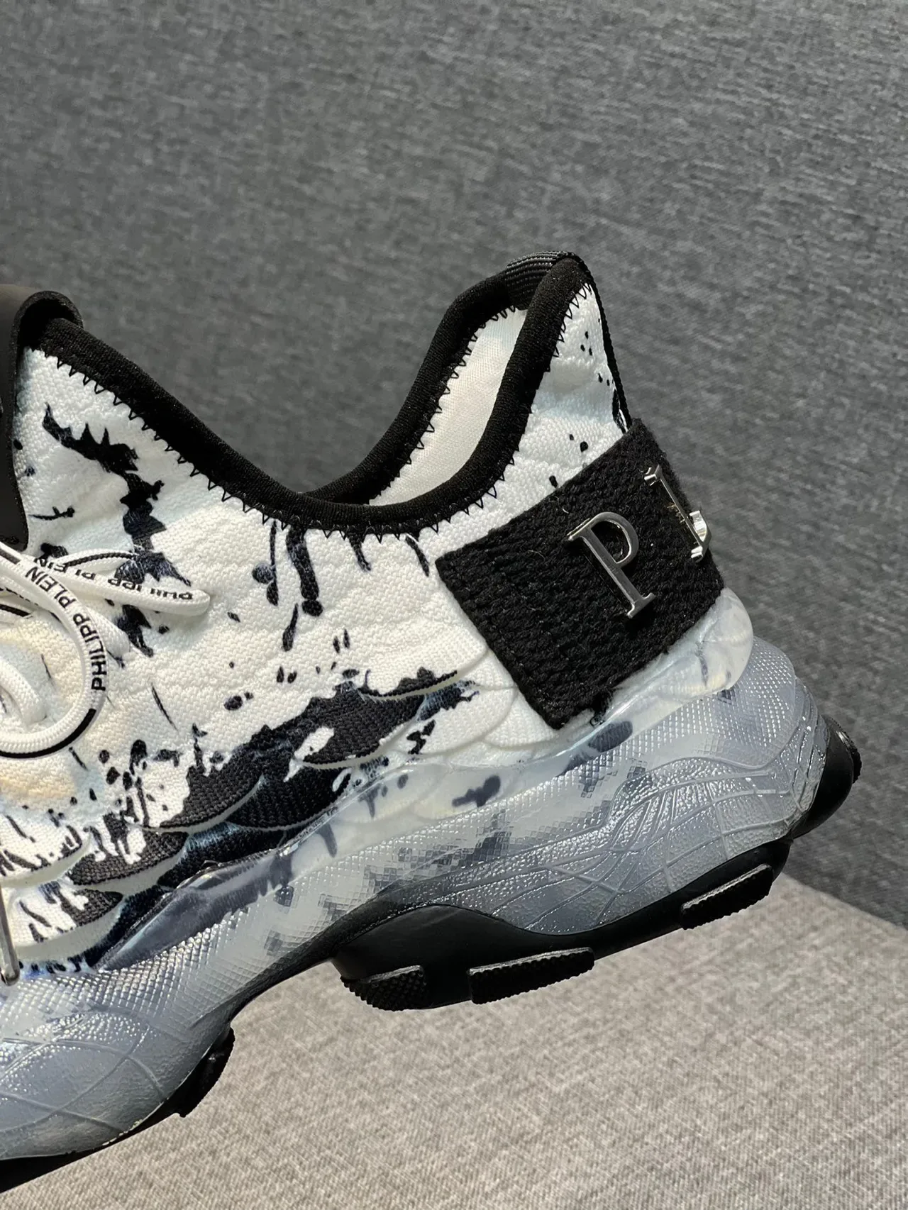 Philipp Plein White Black Splatter-Print Mesh Upper Sculpted Translucent Midsole Chunky Sneakers 8