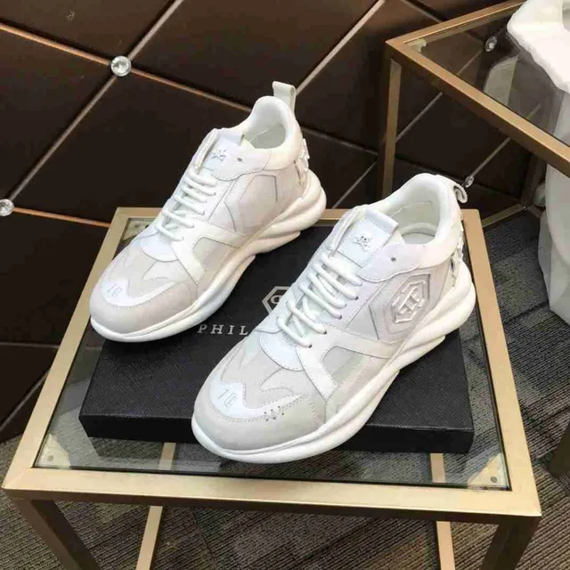 Philipp Plein White Gray Platform Sole Mixed-Material Upper Chunky Sneakers 7