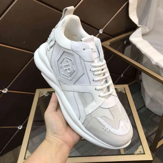 Philipp Plein White Gray Platform Sole Mixed-Material Upper Chunky Sneakers 9