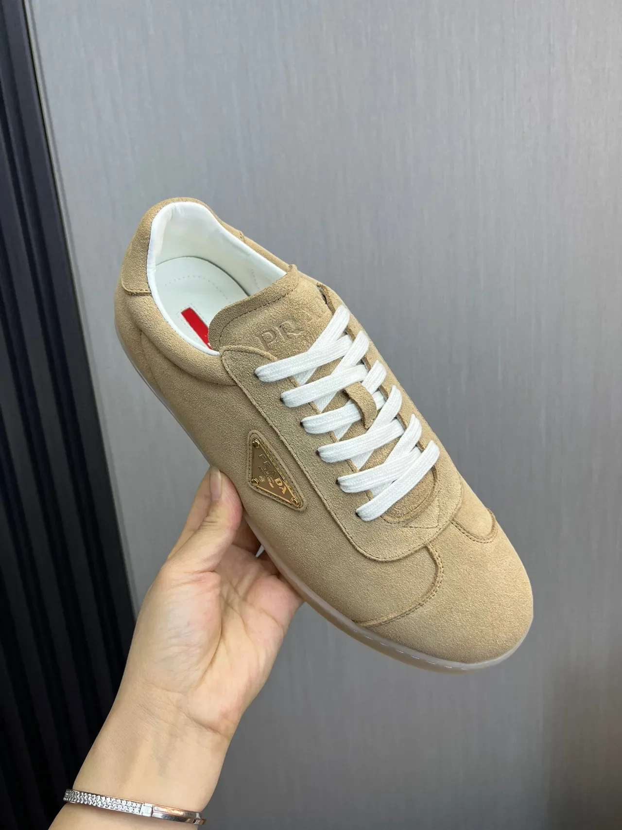 Prada Beige White Suede Upper Triangular Metal Logo Plaque Lifestyle Sneakers 7