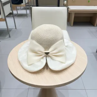 Prada Beige White Woven Straw Crown Wide Floppy Brim Fedora