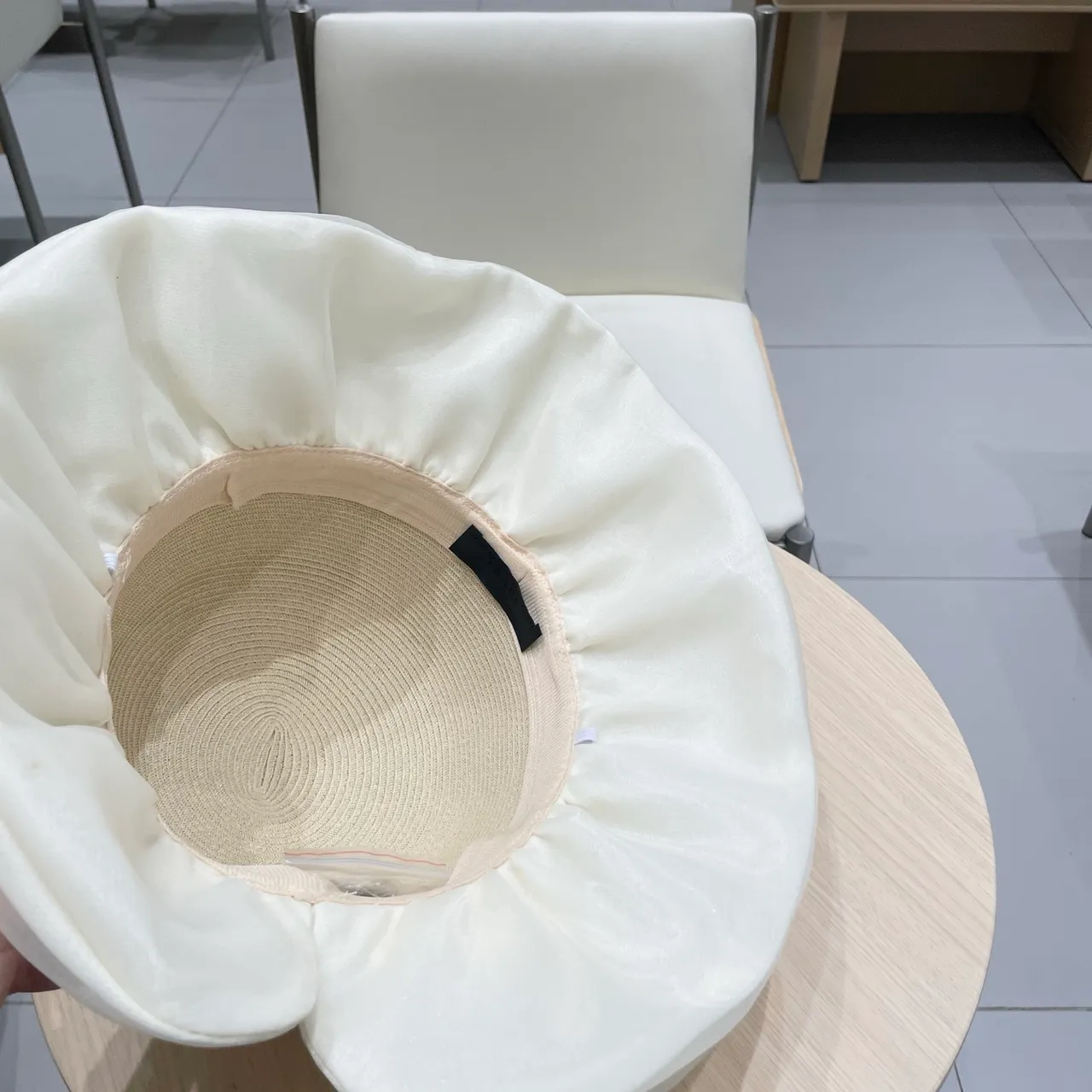Prada Beige White Woven Straw Crown Wide Floppy Brim Fedora 2