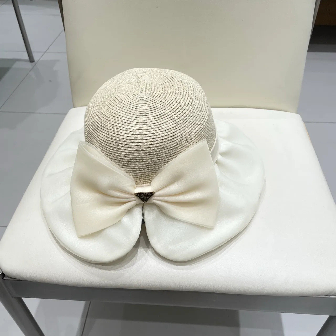 Prada Beige White Woven Straw Crown Wide Floppy Brim Fedora 3