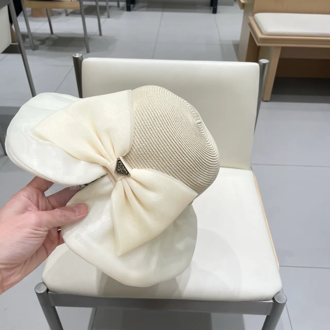 Prada Beige White Woven Straw Crown Wide Floppy Brim Fedora 7