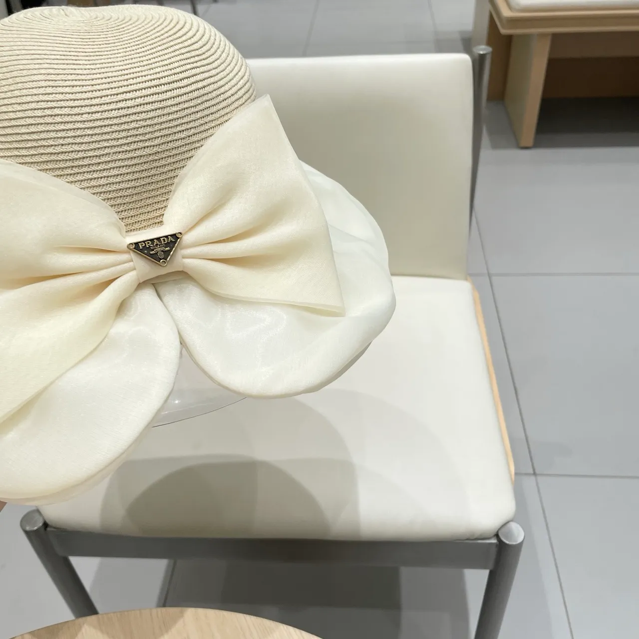 Prada Beige White Woven Straw Crown Wide Floppy Brim Fedora 8