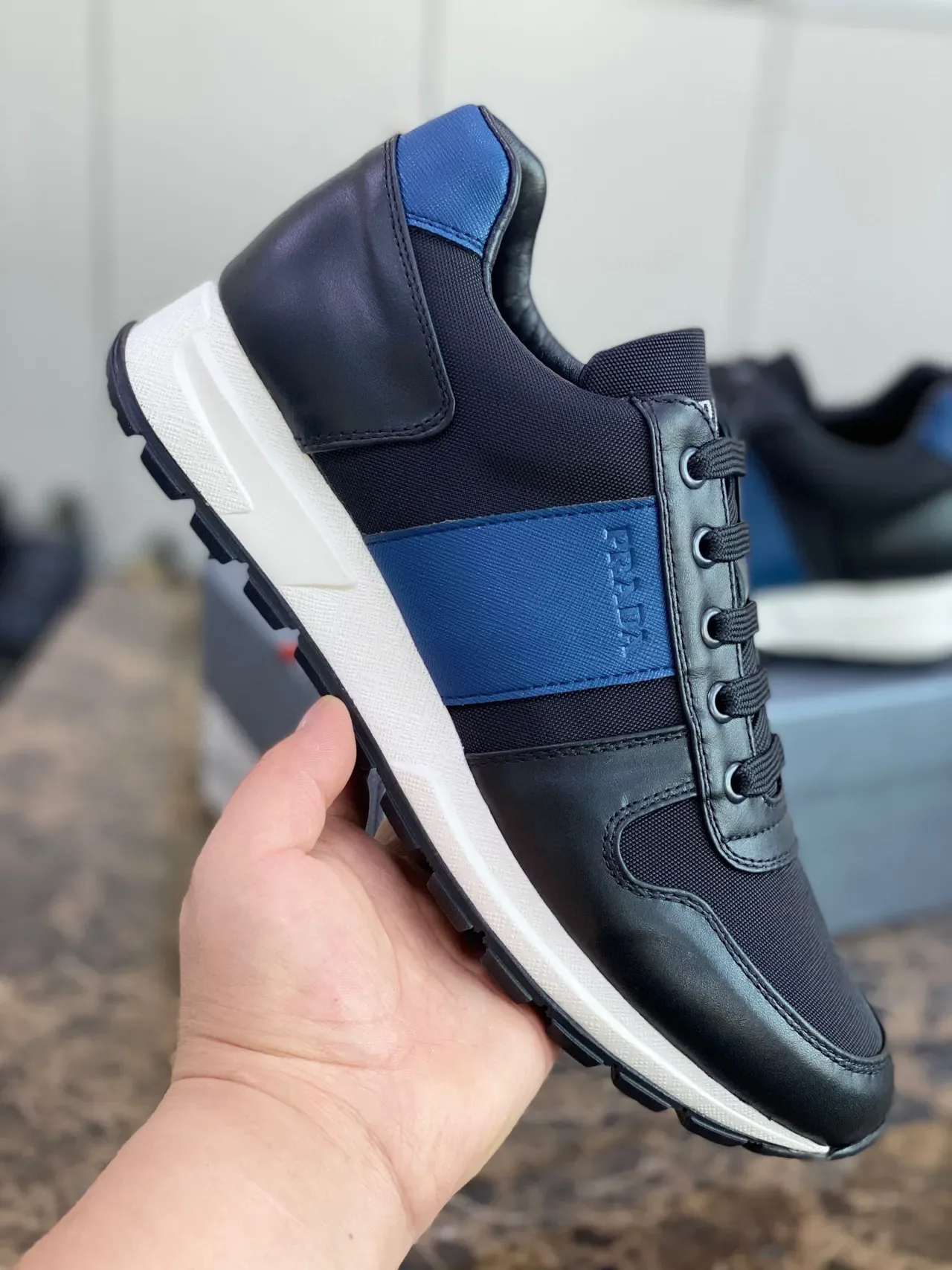 Prada Black Blue Mixed-Material Upper Side Stripe Lifestyle Sneakers 4