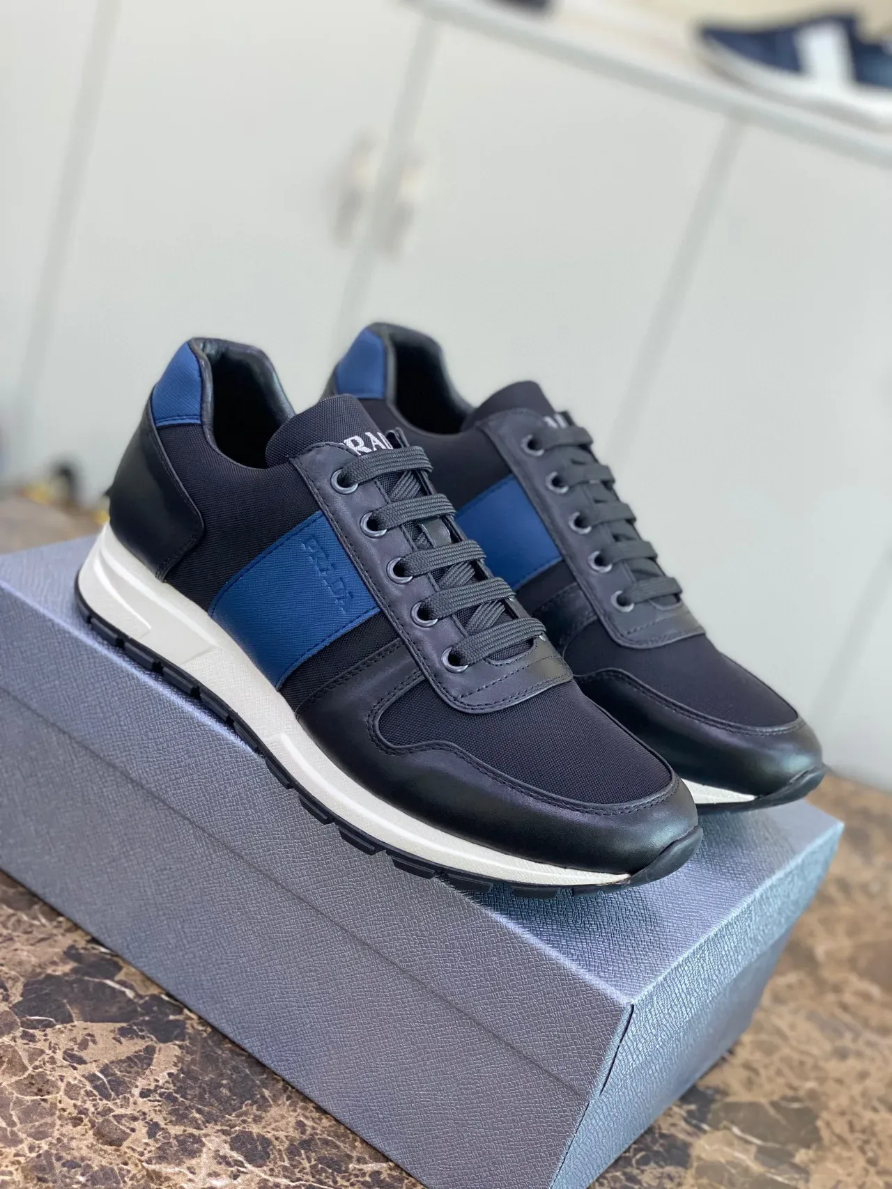 Prada Black Blue Mixed-Material Upper Side Stripe Lifestyle Sneakers 9