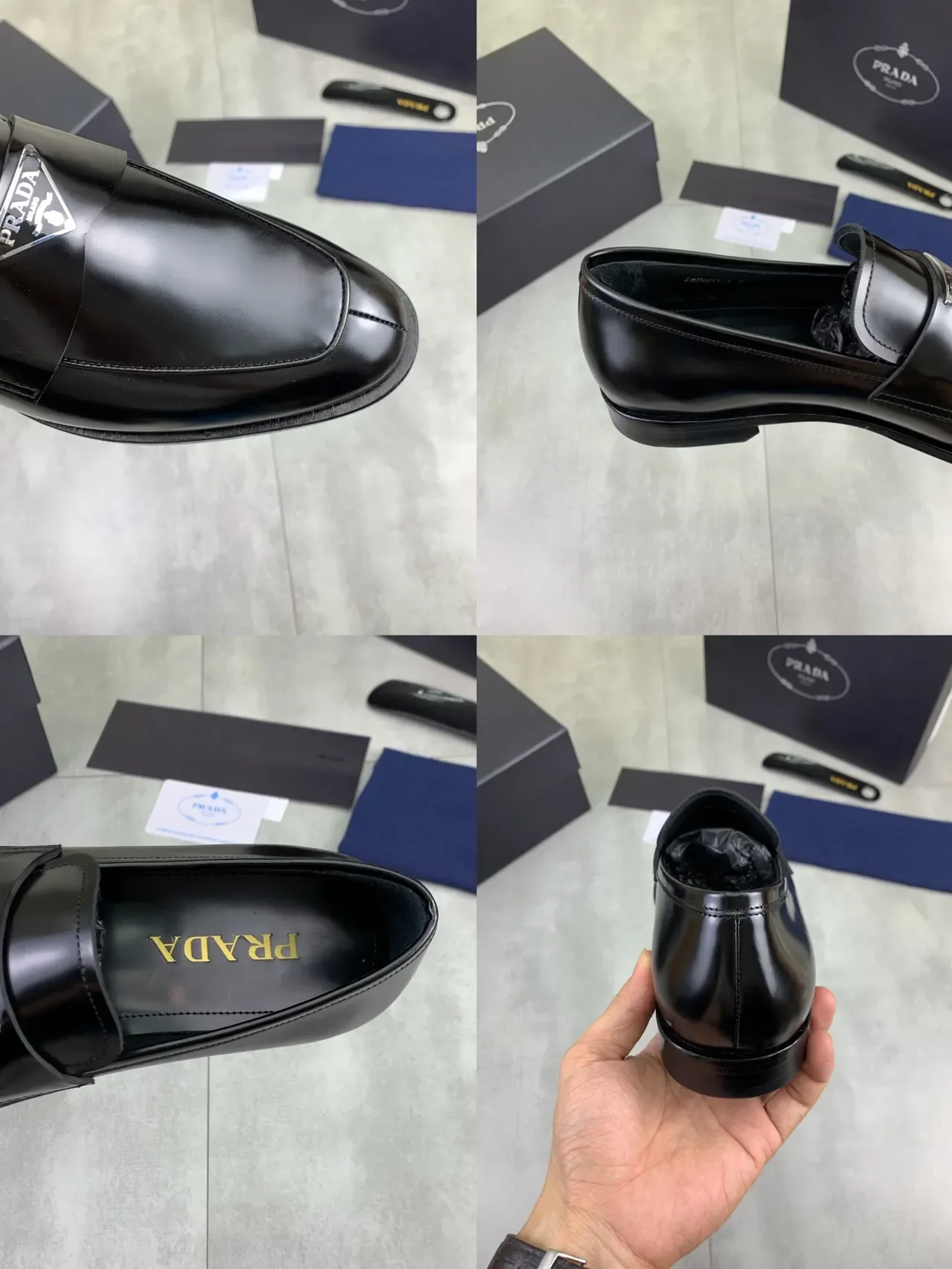 Prada Black Glossy Leather Metal Triangular Logo Plaque Loafer 2