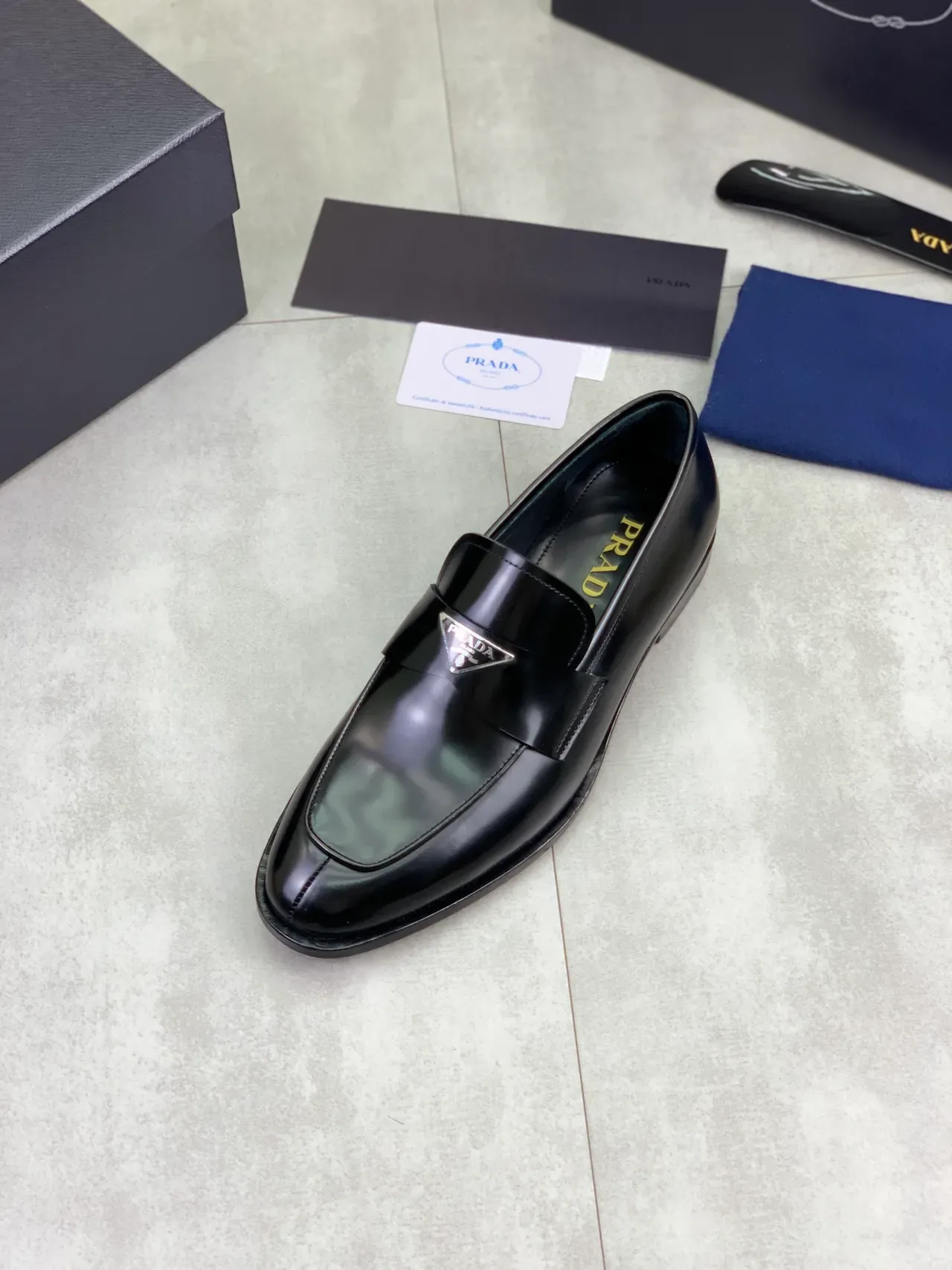 Prada Black Glossy Leather Metal Triangular Logo Plaque Loafer 4