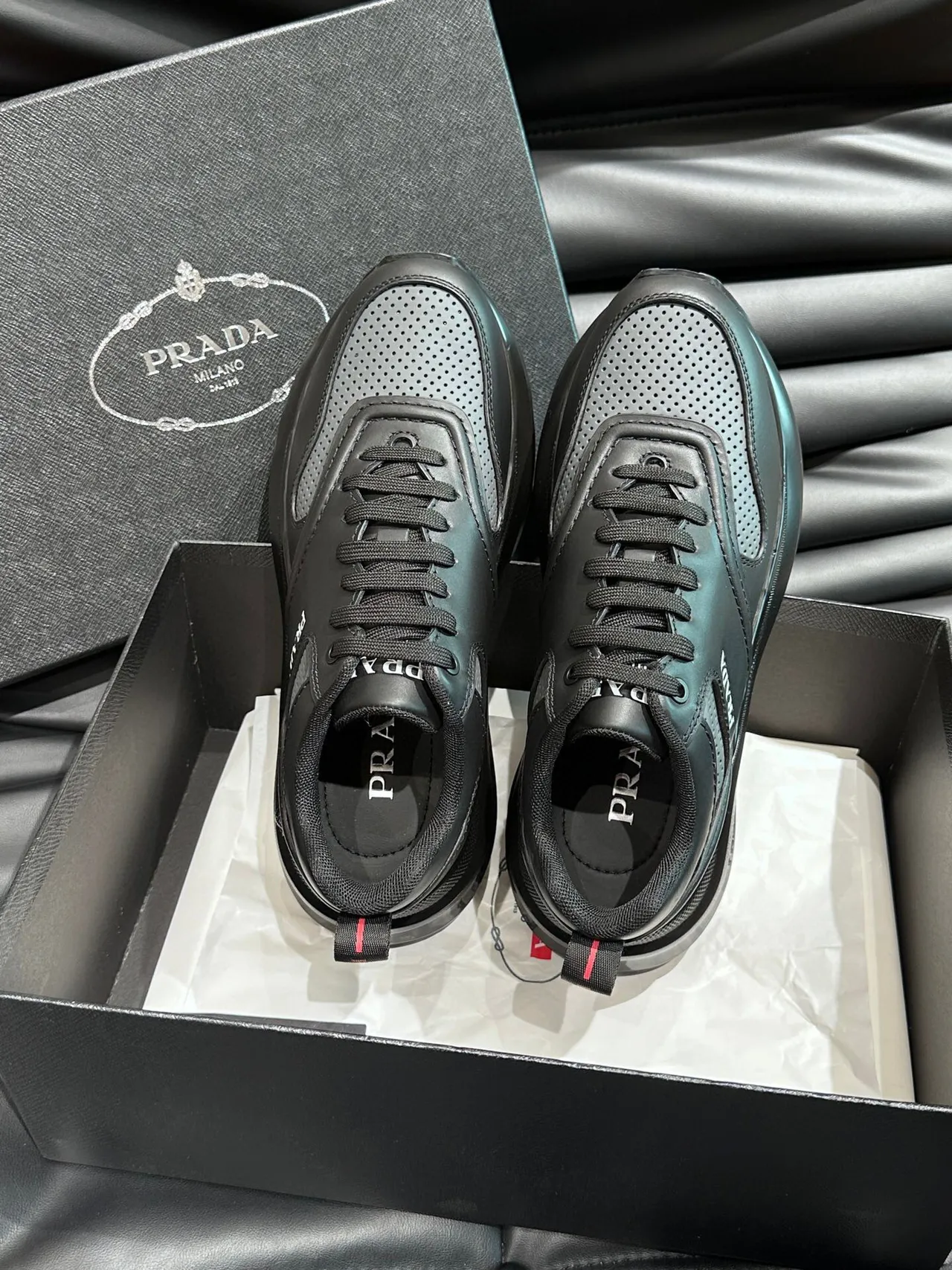 Prada Black Gray Layered Leather Upper Perforated Mesh Toe Box Lifestyle Sneakers 4