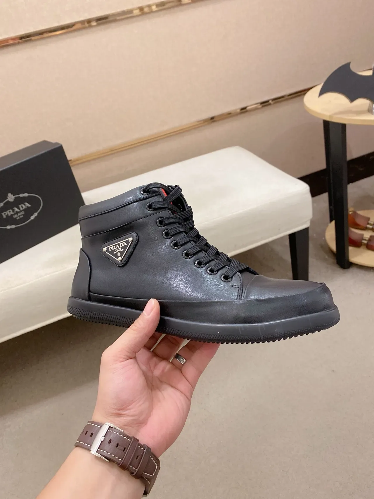 Prada Black High-Top Leather Lifestyle Sneakers 5
