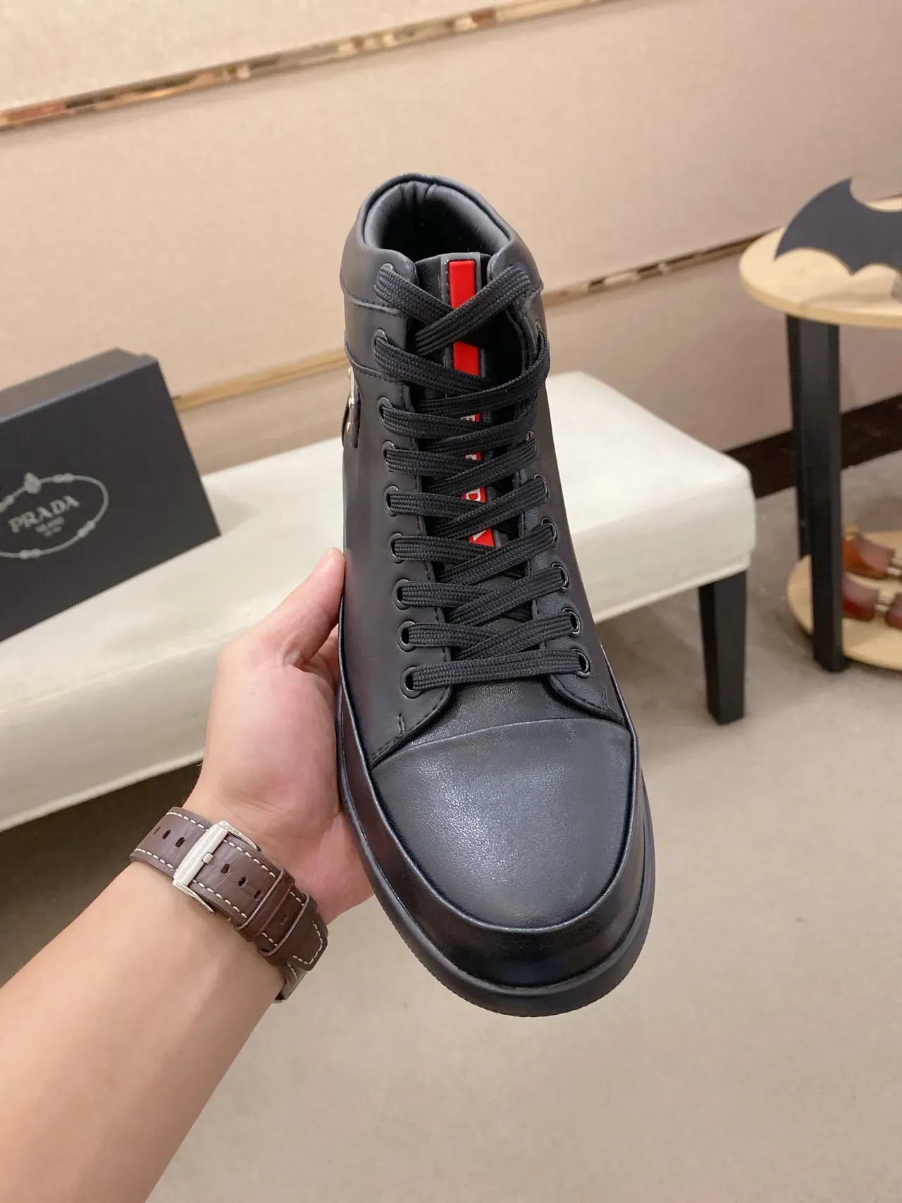 Prada Black High-Top Leather Lifestyle Sneakers 6
