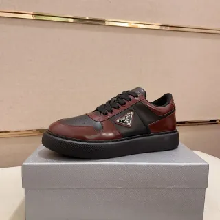 Prada Burgundy Black Two-Tone Leather Platform Sole Lifestyle Sneakers