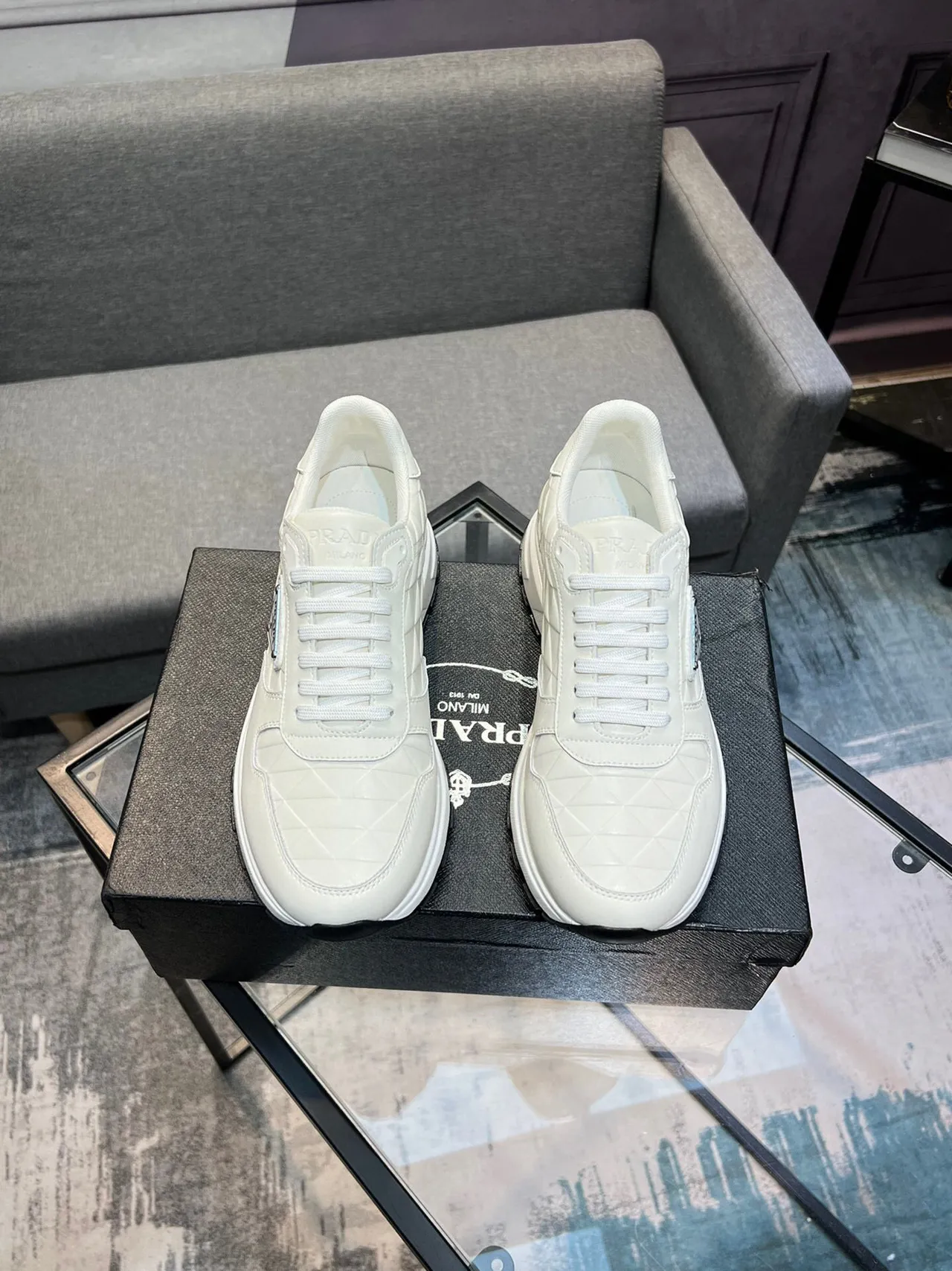 Prada Cloudbust Beige Black Quilted Diamond-Stitch Leather Triangular Metal Logo Plaque Lifestyle Sneakers 2