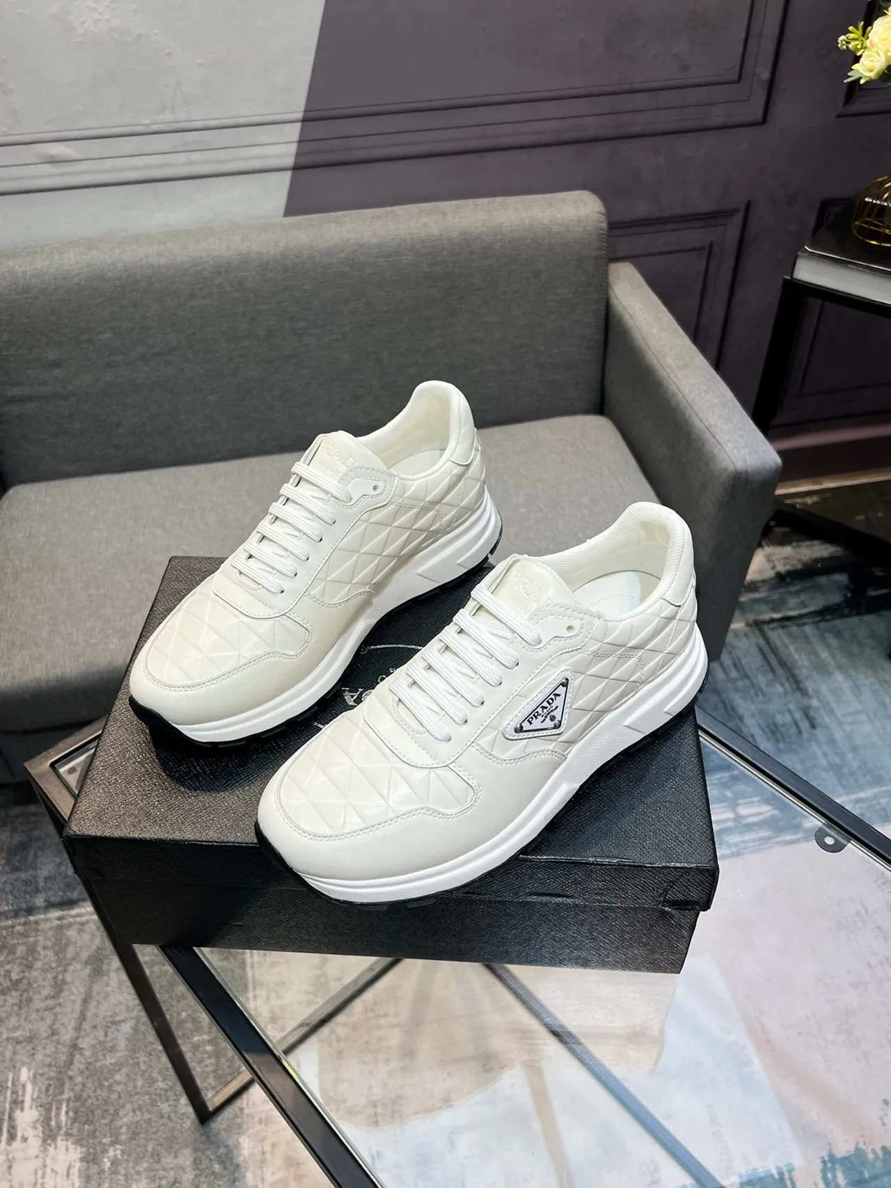 Prada Cloudbust Beige Black Quilted Diamond-Stitch Leather Triangular Metal Logo Plaque Lifestyle Sneakers 3