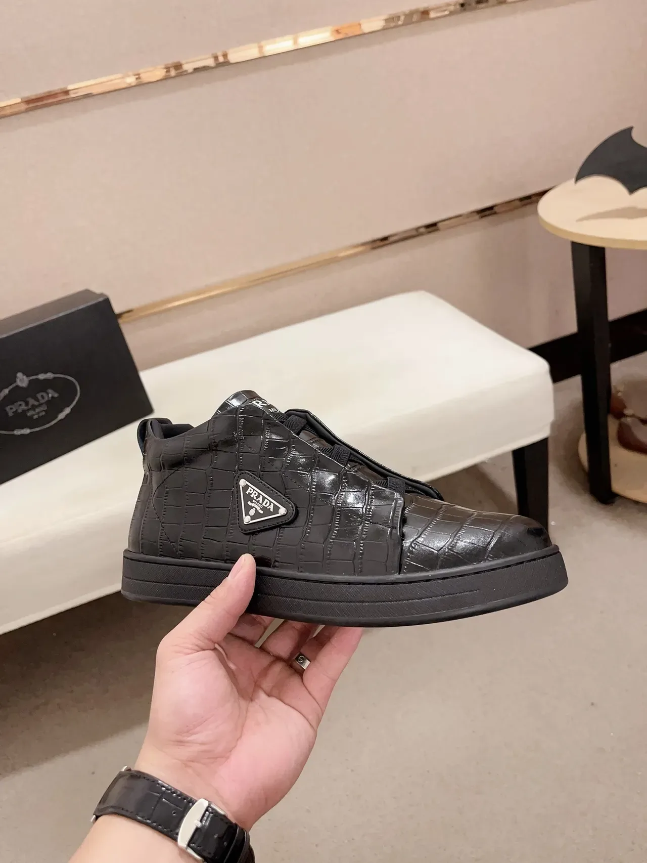 Prada Cloudbust Black Crocodile-Embossed Leather Laceless Slip-On Lifestyle Sneakers 4