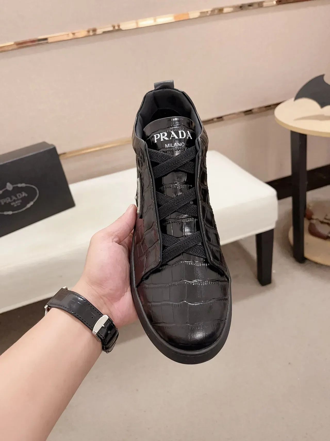 Prada Cloudbust Black Crocodile-Embossed Leather Laceless Slip-On Lifestyle Sneakers 5