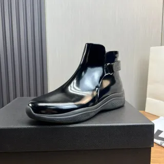 Prada Cloudbust Black Gray Glossy Patent Leather Side Buckle Strap Ankle Boots
