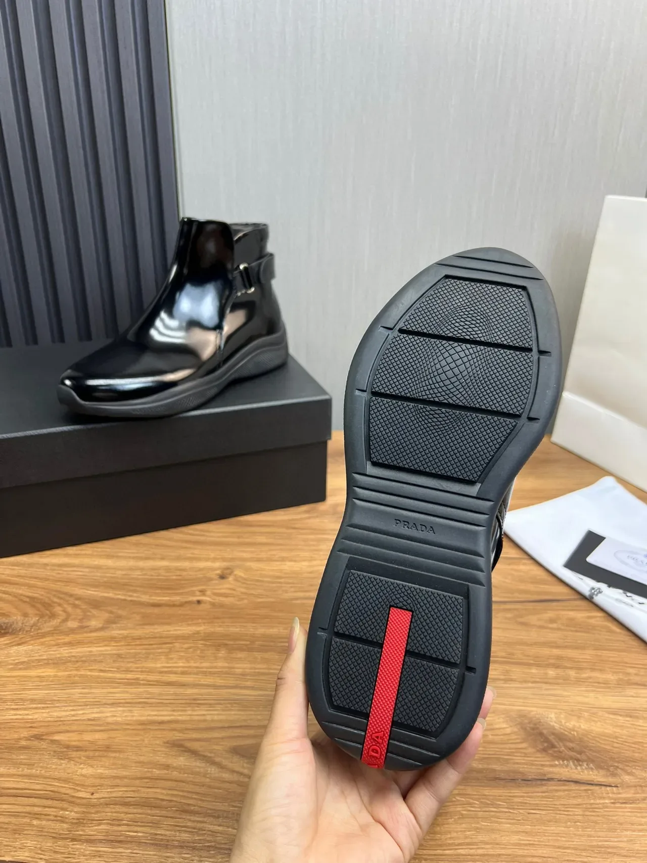 Prada Cloudbust Black Gray Glossy Patent Leather Side Buckle Strap Ankle Boots 2